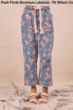 NEW VANILLA MONKEY women's braided waist belt patch pocket floral denim pants in